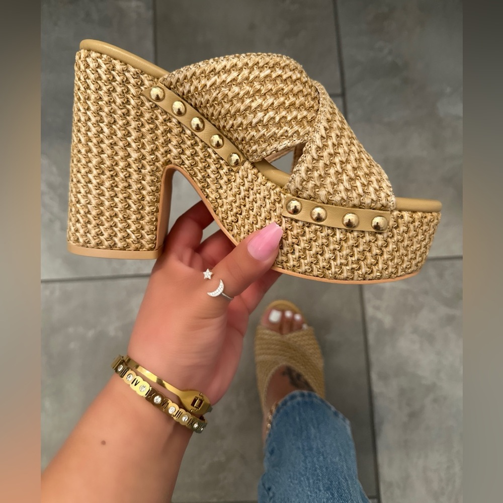 New! Woven Criss Cross Raffia Platform Heels – Natural Boho Block Sandals